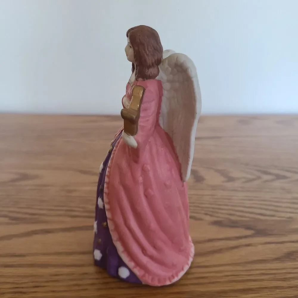 Vintage Hand Painted Bell Bisque Musical Angel Figurine With Pink Gown And Harp